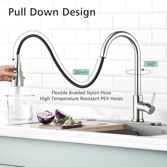CREA Kitchen Sink Faucet,Pull Down Kitchen Faucets with Sprayer 3 Modes,Brushed Nickel Uitility Laundry Faucet Single Hole Bar Sink Faucet 360°Swivel High Arc Commercial RV Faucet Stainless Steel