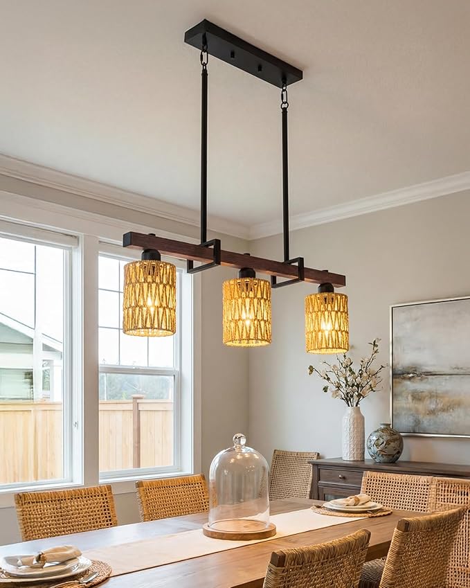 3-Light Kitchen Island Light Fixture, Linear Chandelier for Dining Room, Rustic Pendant Light Over Table, Handmade Woven Farmhouse Wicker Chandelier, Dark Wood Finish for Kitchen Island