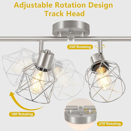 Baocuz 4-Light Kitchen Lighting Fixtures, Adjustable Multi-Directional Brushed Nickel Track Ceiling Light, Semi Flush Mount Ceiling Spotlight with Wire Cages for Living Room, Bedroom, Hallway