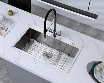 MENATT 30x18 Inch Drop in Kitchen Sink, 304 Stainless Steel Single Bowl with Dual Faucet Holes & Bottom Grid Mat, X-Shape Drain, 9" Deep Large Sink for Spacious Kitchen, Laundry, Bar, Commercial Use