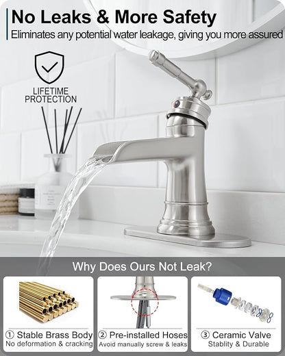 Brass Brushed Nickel Bathroom Faucet, Waterfall Faucet for Bathroom Sink 1 Hole or 4 Inch 3 Holes, One Handle with Deck Plate, Pop Up Drain & cUPC Supply Hoses for Modern Lavatory RV Washroom
