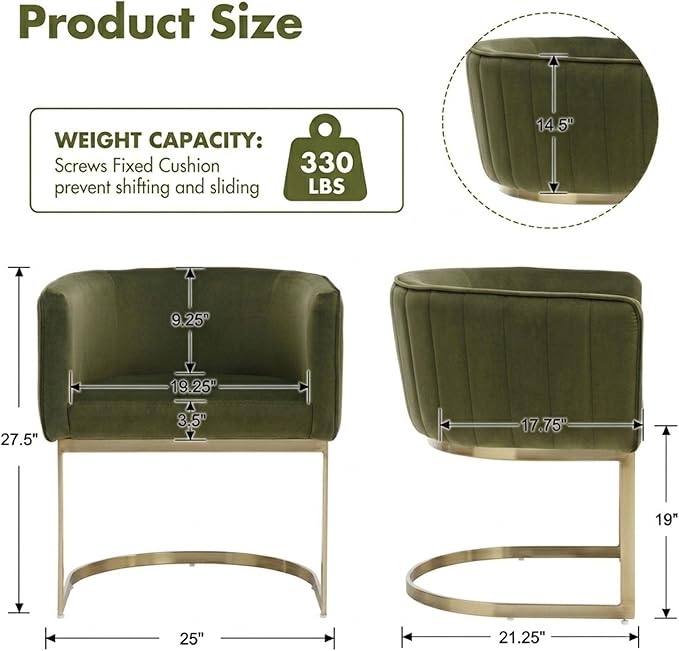 Novastra Olive Gold Barrel Chairs Set of 2, Modern Velvet Upholstered Seating with Curved Back and Cantilever Metal Frame, Luxury Accent Chairs for Kitchen Island & Dining Room