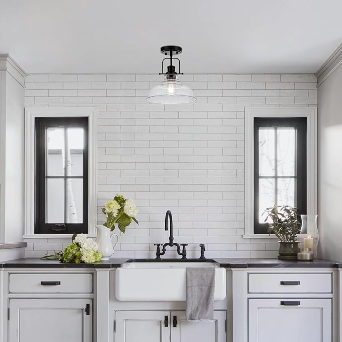 WILON Rustic Farmhouse Ceiling Light, Kitchen Lighting Fixtures Ceiling Lamp, Seeded Glass Ceiling Light, Semi Flush Mount Ceiling Lights for Sink Foyer Entryway Bathroom Laundry Room Hall Hallway