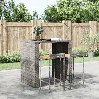 Set of 2 Grey Bar Stools Modern Acacia Wood Seat Poly Rattan Powder Coated Steel Frame for Kitchen Island High Table Indoor Outdoor Use