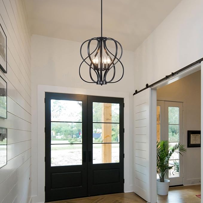 18.5 inch Modern Farmhouse Chandelier for Dining Room, 5-Light Black Chandelier with Metal Cage Adjustable Industrial Drum Hanging Pendant Lights for Kitchen Island Entryway Hallway Bedroom Foyer