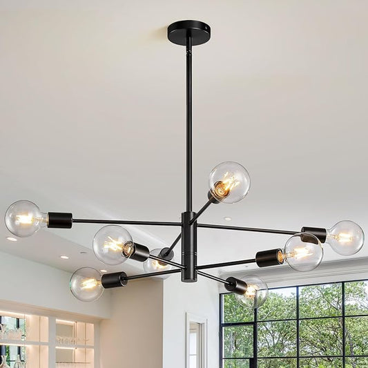 KAISITE Modern Chandelier Sputnik Ceiling Light Fixture Black Chandelier for Bedroom Living Room 8-Light Height Adjustable Dining Room Farmhouse Chandelier Over Table Ceiling Hanging Kitchen Lighting