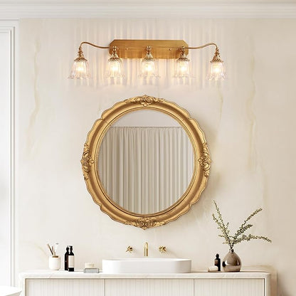LmnLvn Bathroom Vanity Gold Light Fixture, 5 Lights Bathroom Lighting Matte Antique Brass Finish with Crystal Glass Shade, Gold Vintage Vanity Light for Bathrooms