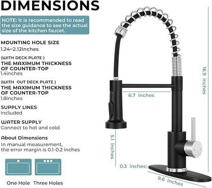Kitchen Faucet with Pull Down Sprayer,Commercial Single Handle Stainless Steel Kitchen Faucets with Deck Plate (Black&Brush Nickel)