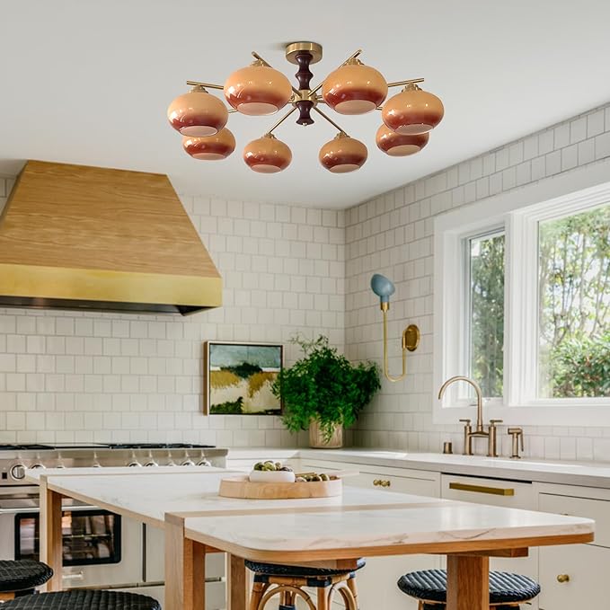 KCO Lighting Wood Gold Flush Mount Light Fixture 8 Light Brass Sputnik Chandelier Ceiling Light Fixture Vintage Schoolhouse Ceiling Light Retro Globe Light Fixture