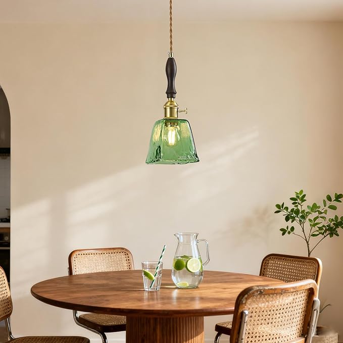 Green Glass Vintage Pendant Light Height Adjustable Handmade Glass Pendant Lights Kitchen Island Gold Hanging Light Fixture with Wood Handle for Bedroom Dining Room Hotel (3 Pack)