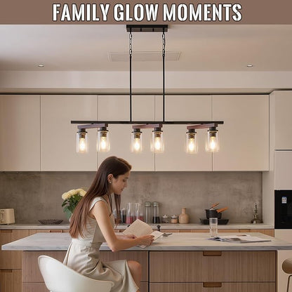 6-Light Kitchen Island Lighting & Farmhouse Dining Room Light Fixtures Over Table, Rustic Wood Linear Chandelier Adjustable Ceiling Hanging Pendant- Rotating Design, Customizable Shapes, Clear Glass