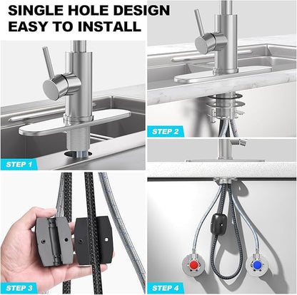 AVSIILE Brushed Nickel Kitchen Faucets with Pull Down Sprayer & Soap Dispenser, Single Hole & Handle, Pull Out Tap, Waterfall Stainless Steel Sink Faucet for Farmhouse Camper Laundry Rv Bar