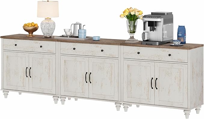 WAMAPT Buffet Cabinet with 6 Doors and 4 Drawers, Large Coffee Bar Table Wood Kitchen Storage Cabinets with Storage Cabinets, Modern Farmhouse Sideboard Credenza, Rustic White, 101 inch