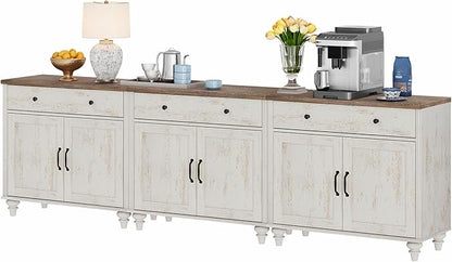 WAMAPT Buffet Cabinet with 6 Doors and 4 Drawers, Large Coffee Bar Table Wood Kitchen Storage Cabinets with Storage Cabinets, Modern Farmhouse Sideboard Credenza, Rustic White, 101 inch
