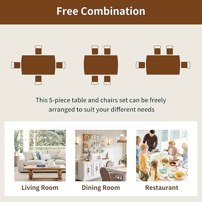 VilroCaz Mid-Century Modern Dining Table Set for 4, Solid Wood Dining Table and 4 Upholstered Chairs, 5 Piece Farmhouse Dining Set for Home, Kitchen, Space Saving (Brown+Gray-1s)