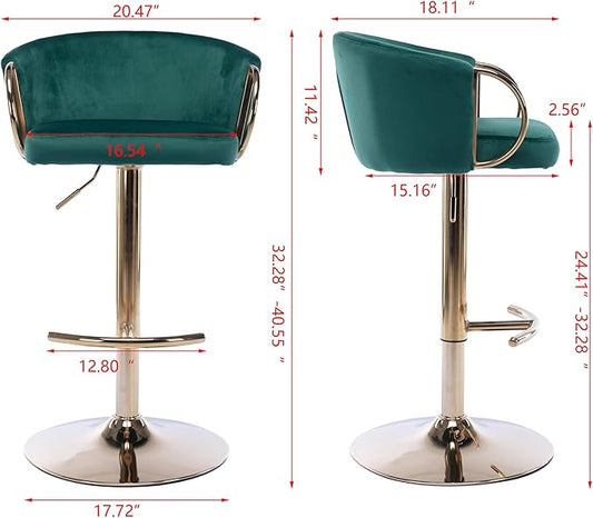 Rhomtree 24-32 Inch Swivel Bar Stools, Adjustable Counter Height Barstools with Gold Stable Metal Frame Footrest, Upholstered Bar Chairs for Home Bar Kitchen Island(Green Set of 6)