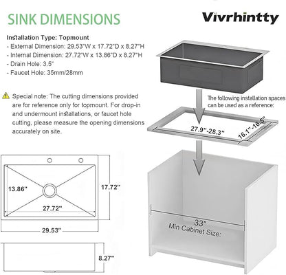 30-inch Single Bowl Workstation Kitchen Sink, Drop-in/Top-Mount Stainless Steel with Nano Coating & Basket Strainer, 30"x18"