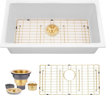 Kitsitchen White Undermount Kitchen Sink, Granite Composite Kitchen Sink with Drain Assembly & Bottom Gird,33 Inch Quartz Stone Kitchen Sink (White, 33"x18")