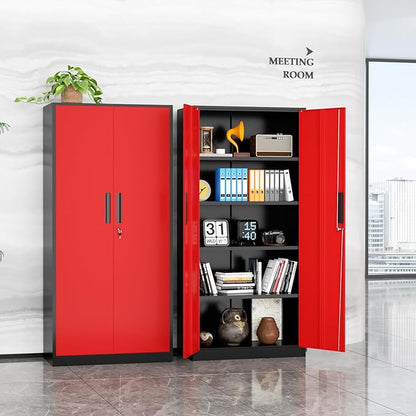 INTERGREAT Metal Storage Cabinet, 72" Locking Steel Cabinets with 2 Door and 4 Adjustable Shelves, Tall Metal Cabinet for Home Office, Garage, Warehouse,(Black+Red)