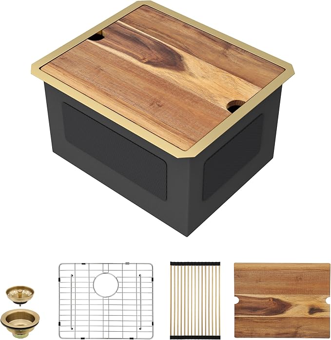 21"x18" Undermount Laundry Utility Sink Workstation – Brushed Gold NANO-PVD, 16 Gauge 304 Stainless Steel, 12 Inch Deep Single Bowl Sink Basin for Laundry Room, RV or Utility Use
