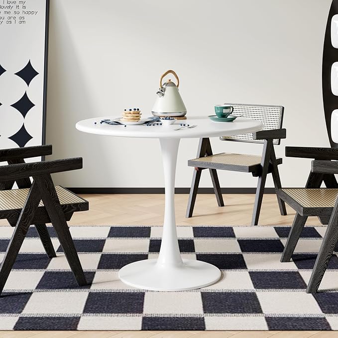 Recximi White Round Dining Table for 2 Person, 24 Inch Small Tulip Table with Metal Pedestal for Living Room, Mid Century Modern Kitchen Table for Kitchen, Office, Pub, Bar, Bistro, Circle Cafe Tables