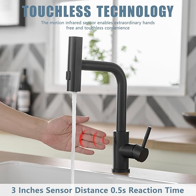GIMILI Matte Black Touchless Kitchen Faucet with Pull Down Sprayer, 15” Hight Single Hole Handle Kitchen Sink Faucets