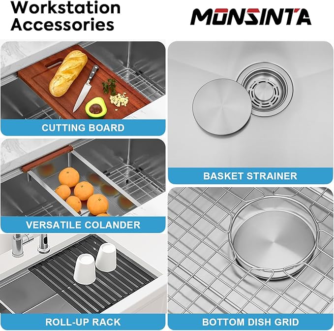 Stainless Steel Undermount Kitchen Sink, 16 Gauge T-304S Workstation Sinks with Accessories, 33" x 18" x 10" Large and Deep Single Bowl Kitchen Sink For Home & Kitchen, Outdoor