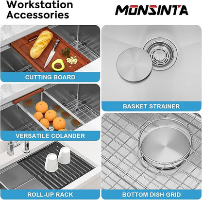 Stainless Steel Undermount Kitchen Sink, 16 Gauge T-304S Workstation Sinks with Accessories, 33" x 18" x 10" Large and Deep Single Bowl Kitchen Sink For Home & Kitchen, Outdoor