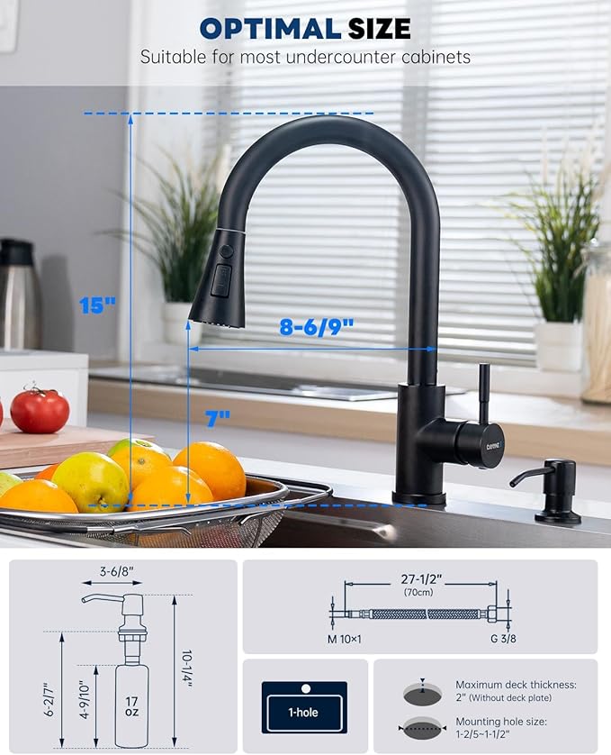 Matte Black Kitchen Faucets with Soap Dispenser,Kitchen Faucet with Pull Down Sprayer 3 Modes, Stainless Steel Modern Kitchen Sink Faucets High Arch Single Handle Faucet