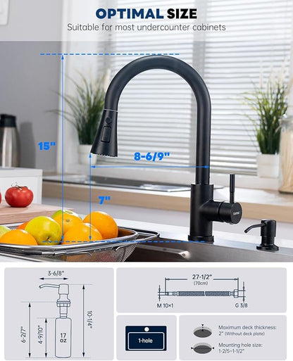 Matte Black Kitchen Faucets with Soap Dispenser,Kitchen Faucet with Pull Down Sprayer 3 Modes, Stainless Steel Modern Kitchen Sink Faucets High Arch Single Handle Faucet