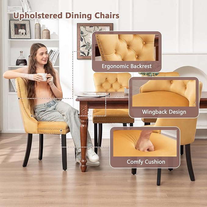 Eifizek Velvet Dining Chairs Set of 6, Tufted Dining Room Chairs with Nailhead Ring Pull Trim, Upholstered Dining Chairs with Solid Wood Legs for Kitchen Dining Room (Gold)