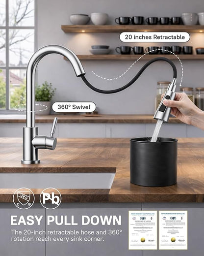 WEWE Kitchen Faucets with Pull Down Sprayer, Stainless Steel Single Handle 1 Hole for Family Kitchen Commercial Camper Laundry Rv Bar, Polished Chrome