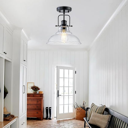 WILON Flush Mount Ceiling Light, Black Farmhouse Ceiling Light with Striped Clear Glass Shade, Light Fixtures for Dining Room Ceiling, Semi Flush Mount Ceiling Lights for Kitchen Entryway