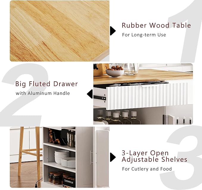 Merax Fluted Kitchen Island with Trash Can Storage Cabinet, Power Outlet, Internal Storage Rack, Rolling Kitchen Storage Cart on 5 Wheels with 3 Drawer, 3 Open Side Racks, White