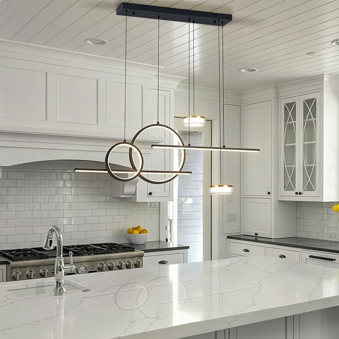Modern Black LED Dining Room Light Fixture with Remote Control, 38.5" 38W 3-Color Temp Stepless Dimmable Island Pendant Lights, Hanging Adjustable Linear Chandelier for Kitchen Bar