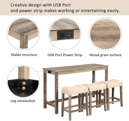 Knocbel Classic 3-Person Counter Height Bar Table Set with Power Outlet, 4-Piece Dinette Set with Padded Seat Stools, Apartment Condo Small Space Pub Bistro Dining Furniture (Brown, 59")