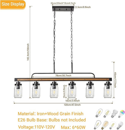 6-Light Rustic Farmhouse Dining Room Light, Black Mason Jar Chandelier Lighting Fixture for Kitchen Island, Dining Room, E26 Cluster Hanging Pendant Light with Jar Glass Shade