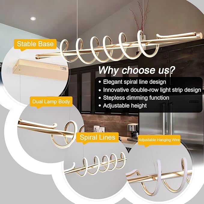 Gold Led Chandelier for Dining Room,Modern LED Chandelier Dining Room Lighting Fixture Dimmable with Remote,Minimalist Kitchen Island Lighting Ceiling Hanging Height Adjustable Music Note Design