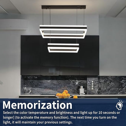 Modern LED Chandelier, Black Pendant Light for Kitchen Island, Adjustable 2 Ring Rectangle Ceiling Lighting Fixture, Dimmable Minimalist Over Table Hanging Light for Living Dining Room, Entryway