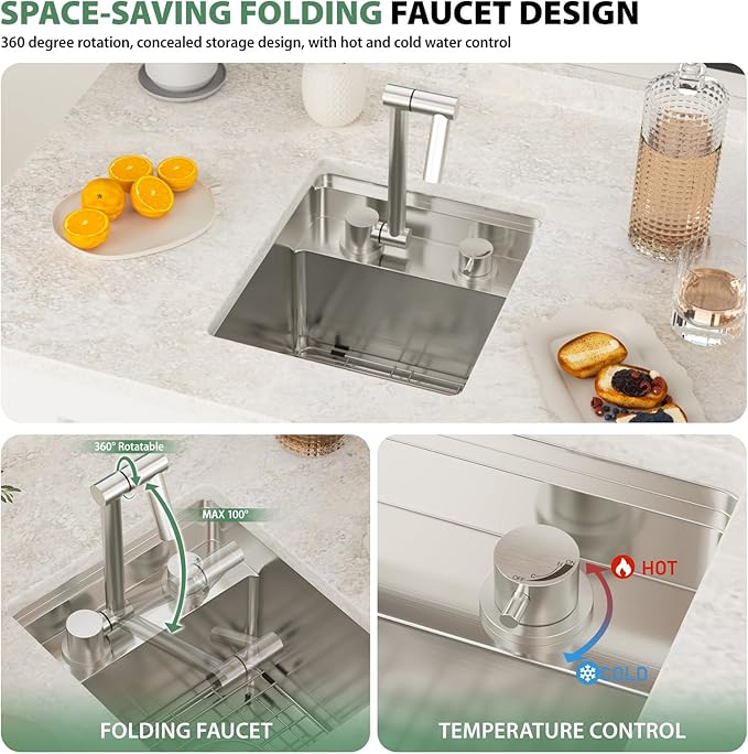 13x15 Inch Outdoor Sink Undermount RV Sink Workstation 16 Gauge Stainless Steel Single Bowl Handmade Concealed Outdoor Kitchen Sinks With Folding Faucet 13"x15"x9"