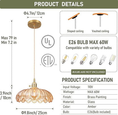 Pendant Lights Kitchen Island,Amber Glass Vintage Light Fixtures,9.8inch E26 Adjustable Hanging Light Flower Finish Ceiling Hanging Lamp for Bedroom Living Room Hallway 1 Light