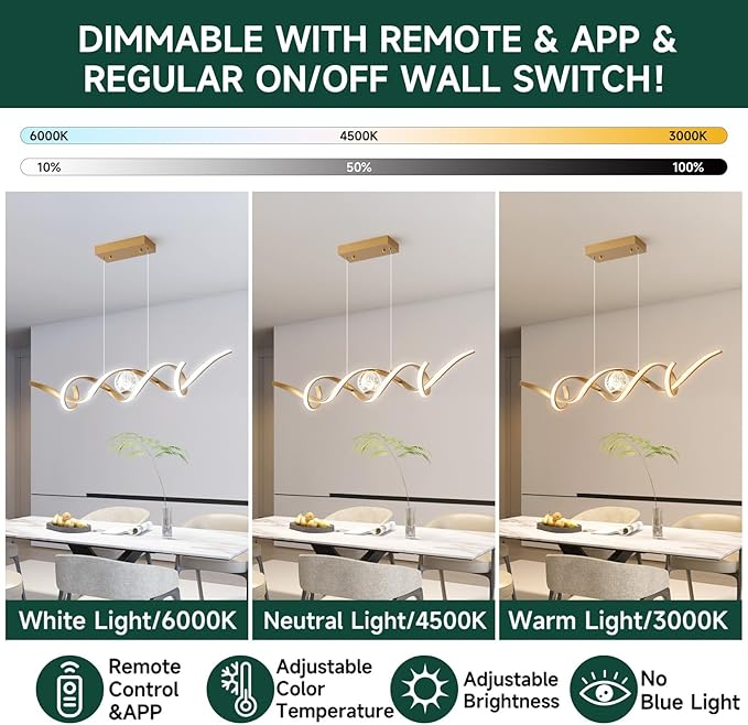 ORANOOR LED Modern Chandeliers for Dining Room, 39in Dimmable Gold Chandelier Kitchen Pendant Lighting Over Island, Linear Wave Spiral Pendant Light Fixtures Dining Room Lights Ceiling Hanging, 36W