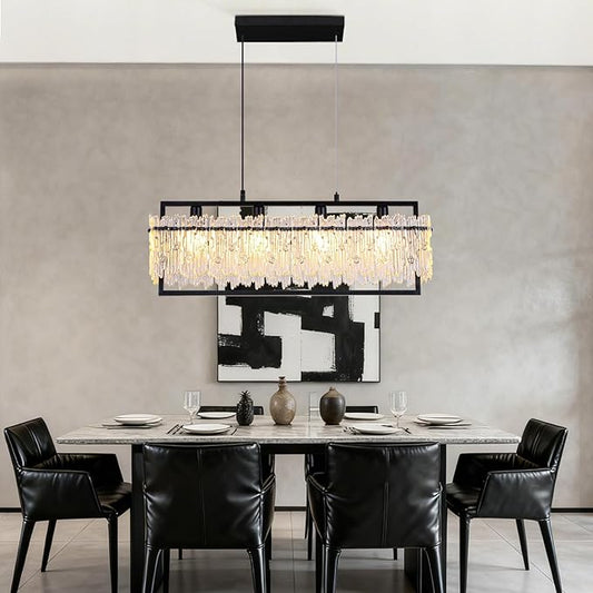 MantoLite Dining Room Light Fixture Modern Rectangle Golde Crystal 4-Light Chandeliers for Dining Room 25" Linear Farmhouse Lighting Fixture for Kitchen Island Light Living Room