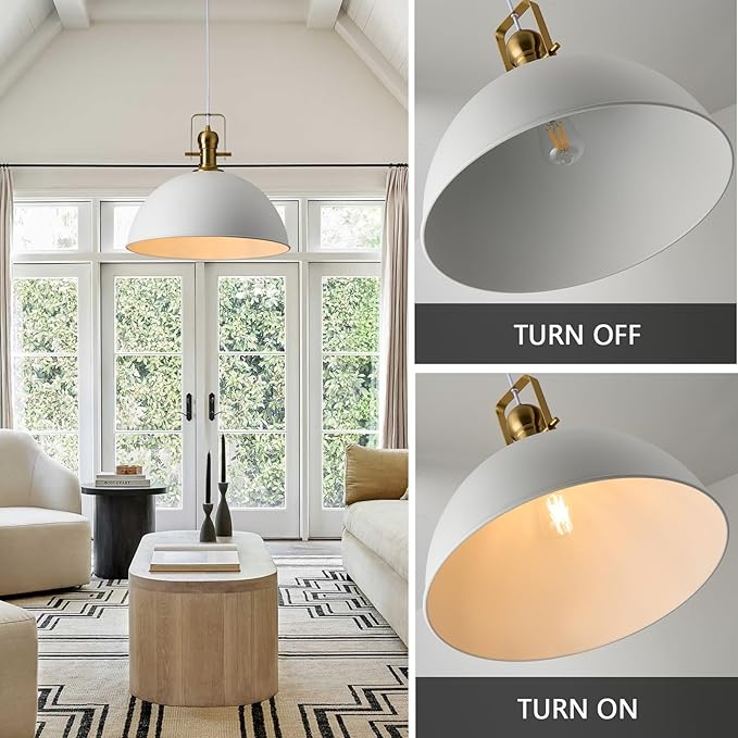 12 Inch Sandy White Farmhouse Pendant Lights for Kitchen Island Industrial Adjustable Height Vintage Dome Hanging Light Fixtures for Barn,Dining Room 2 Packs