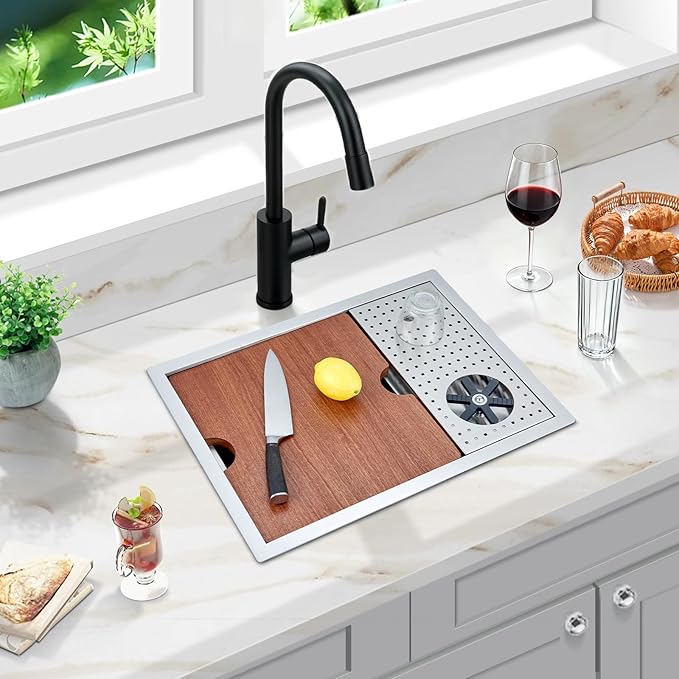 23 Inch Undermount Bar Sink with Glass Rinser & Sapele Cutting Board - 18 Gauge Stainless Steel Workstation Sink for Kitchen, RV, Wet Bar (23x17x9 Inch)