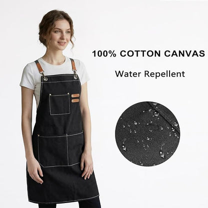 ZOMAO Chef Apron for Women Men with Large Pockets, Cotton Canvas Cross Back Waterproof Work Aprons for Kitchen Cooking Bib