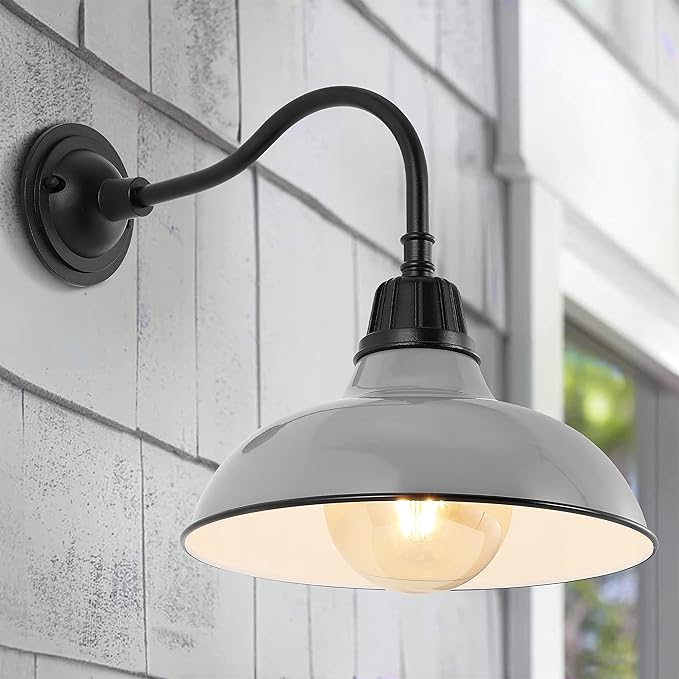JONATHAN Y 12.25" Gray/Black Farmhouse Industrial Outdoor Sconce, LED Gooseneck Wall Light for Porch, Metal Bowl Shade, Dimmable Vintage Exterior Fixture, LED Bulb Included (JYL7613D)