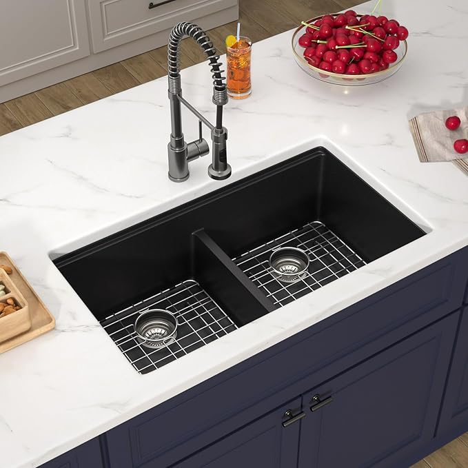 33 Inch Black Undermount Granite Composite Kitchen Sink- Under Counter Quartz Double Bowl Workstation Sinks with Accessories Quick Drain Noise Reduction Classic Style