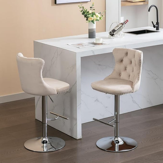 Rhomtree Velvet Swivel Bar Stools Upholstered Bar Stool with Button Tufted Back and Pull Ring Height Adjustable Barstools 25-33 Inch for Home Pub and Kitchen Island (Beige with Silver Base, Set of 8)