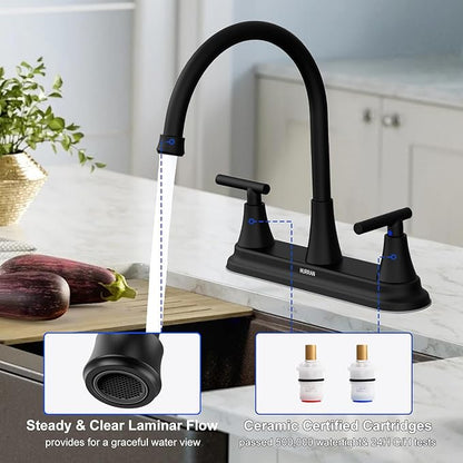 HURRAN 2 Handle Kitchen Sink Faucet, 8 Inch High Arc 360°Swivel Kitchen Sink Faucet, 3 Hole Kitchen Faucet Without Side Sprayer, Centerset RV Kitchen Faucet with Stainless Steel Pipe, Black